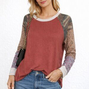 7th Ray Rust Waffle Knit Raglan Top Boho Mixed Print Long Sleeve Lightweight L